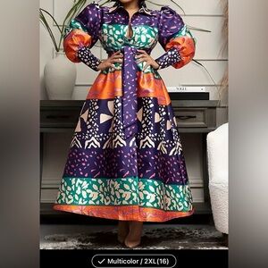 Plus Size Elegant Button Front Belted Dress with Lantern Sleeves - Flattering